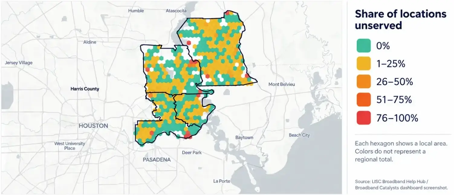 East Harris County broadband availability map and color legend